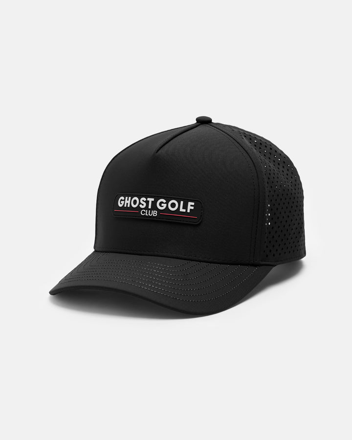 Three Quarter Right View Product Photo of Black GG Core Logo Snapback Hat with Ghost Golf Club Badge #color_black