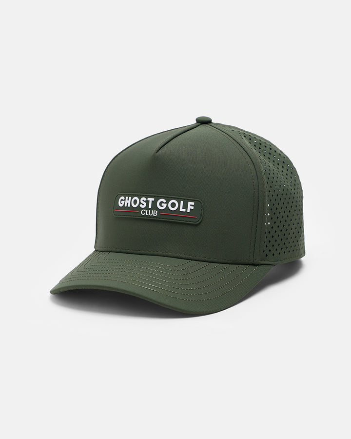 Three Quarter Right View Product Photo of Forest Green GG Core Logo Snapback Hat with Ghost Golf Club Badge #color_forest-green