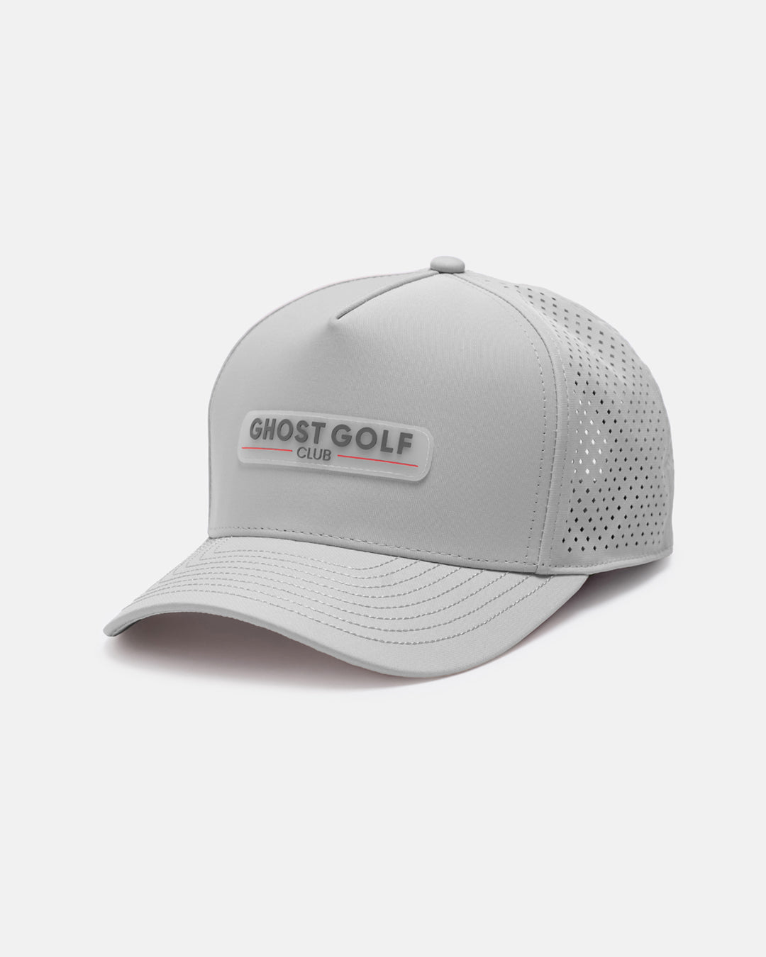 Three Quarter Right View Product Photo of Grey GG Core Logo Snapback Hat with Ghost Golf Club Badge #color_grey