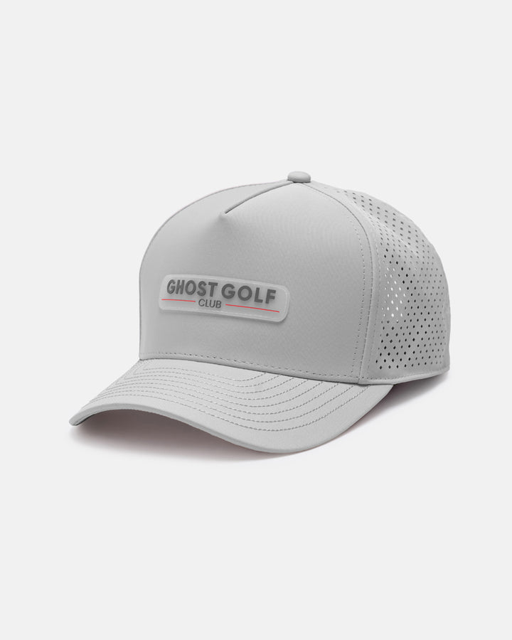 Three Quarter Right View Product Photo of Grey GG Core Logo Snapback Hat with Ghost Golf Club Badge #color_grey