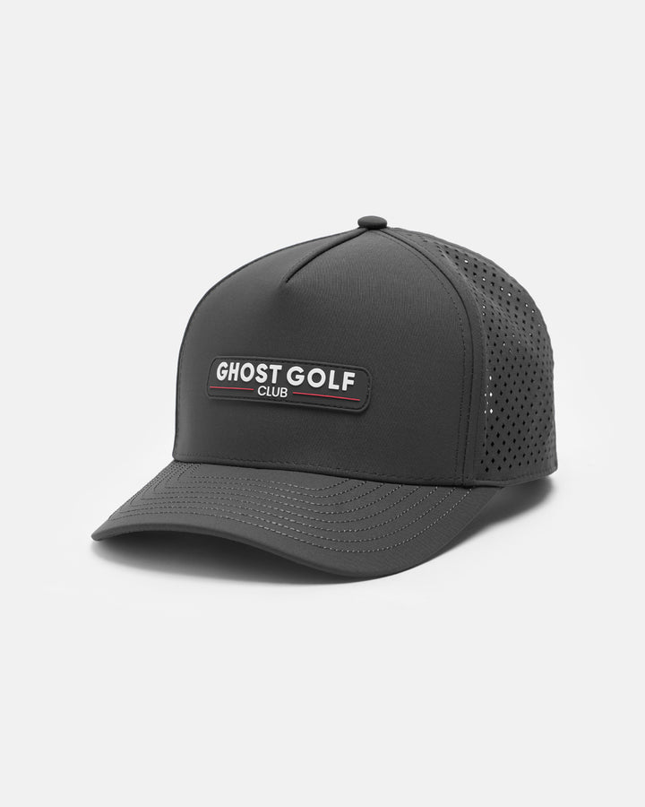 Three Quarter Right View Product Photo of Iron Grey GG Core Logo Snapback Hat with Ghost Golf Club Badge #color_iron-grey
