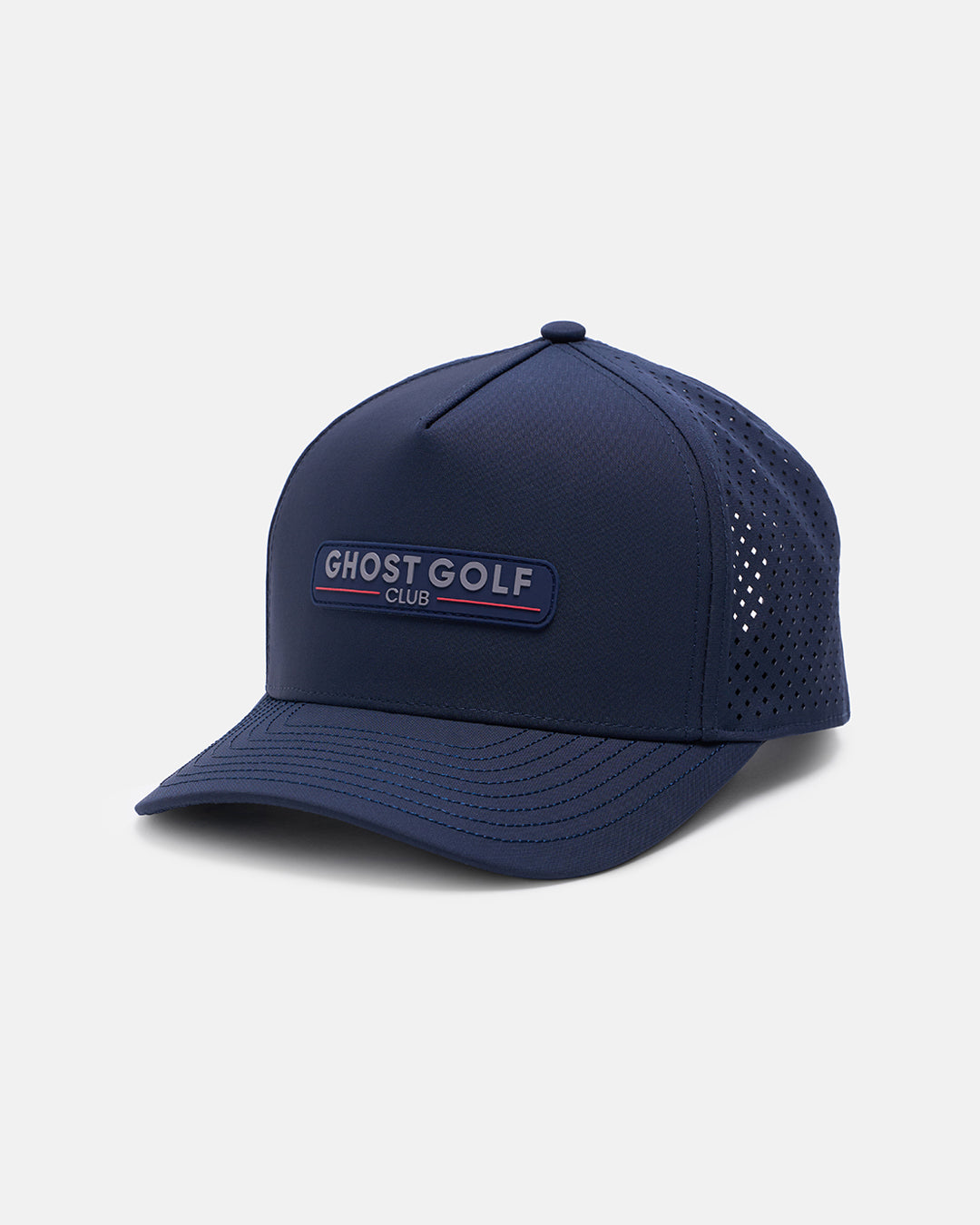 Three Quarter Right View Product Photo of Navy GG Core Logo Snapback Hat with Ghost Golf Club Badge #color_navy