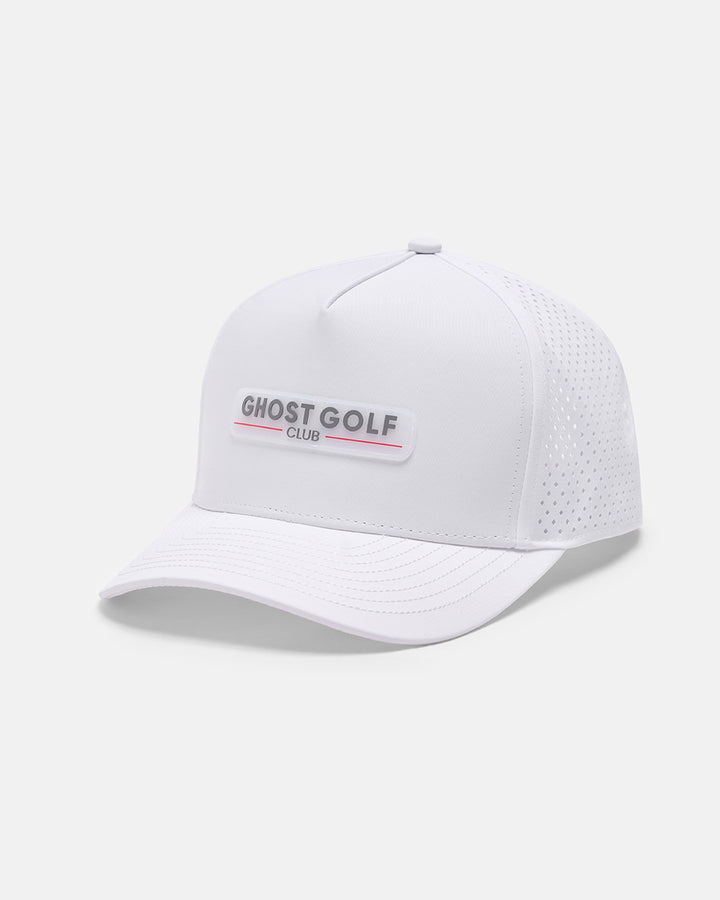 Three Quarter Right View Product Photo of White GG Core Logo Snapback Hat with Ghost Golf Club Badge #color_white