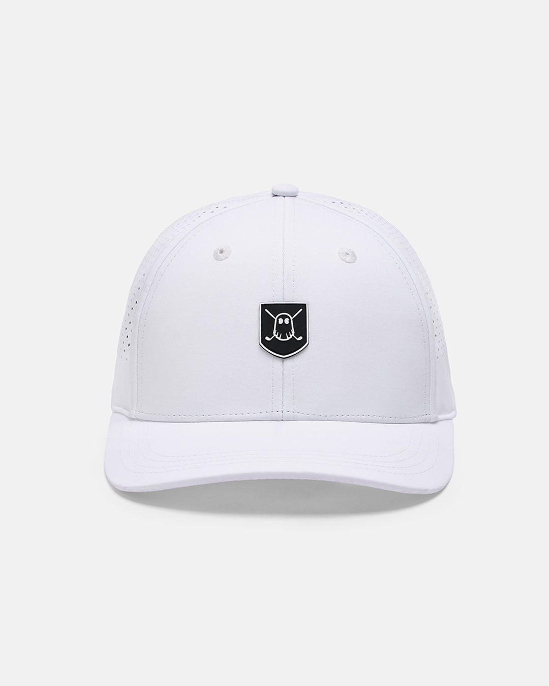 Front View Product Photo of Cream White GG Icon Crest Snapback Hat with Ghost Golf Icon Crest #color_white