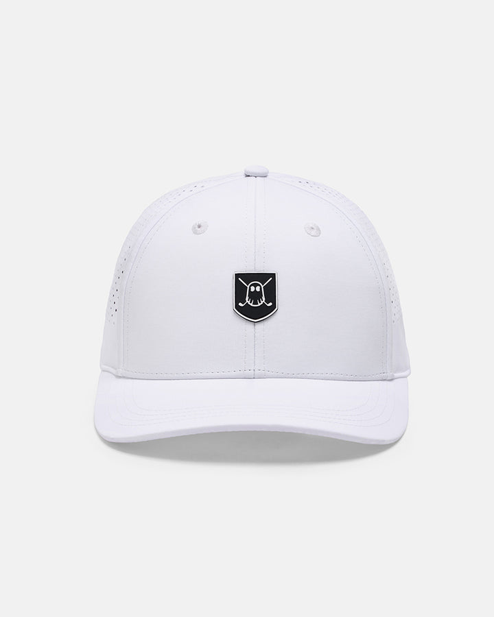 Front View Product Photo of Cream White GG Icon Crest Snapback Hat with Ghost Golf Icon Crest #color_white