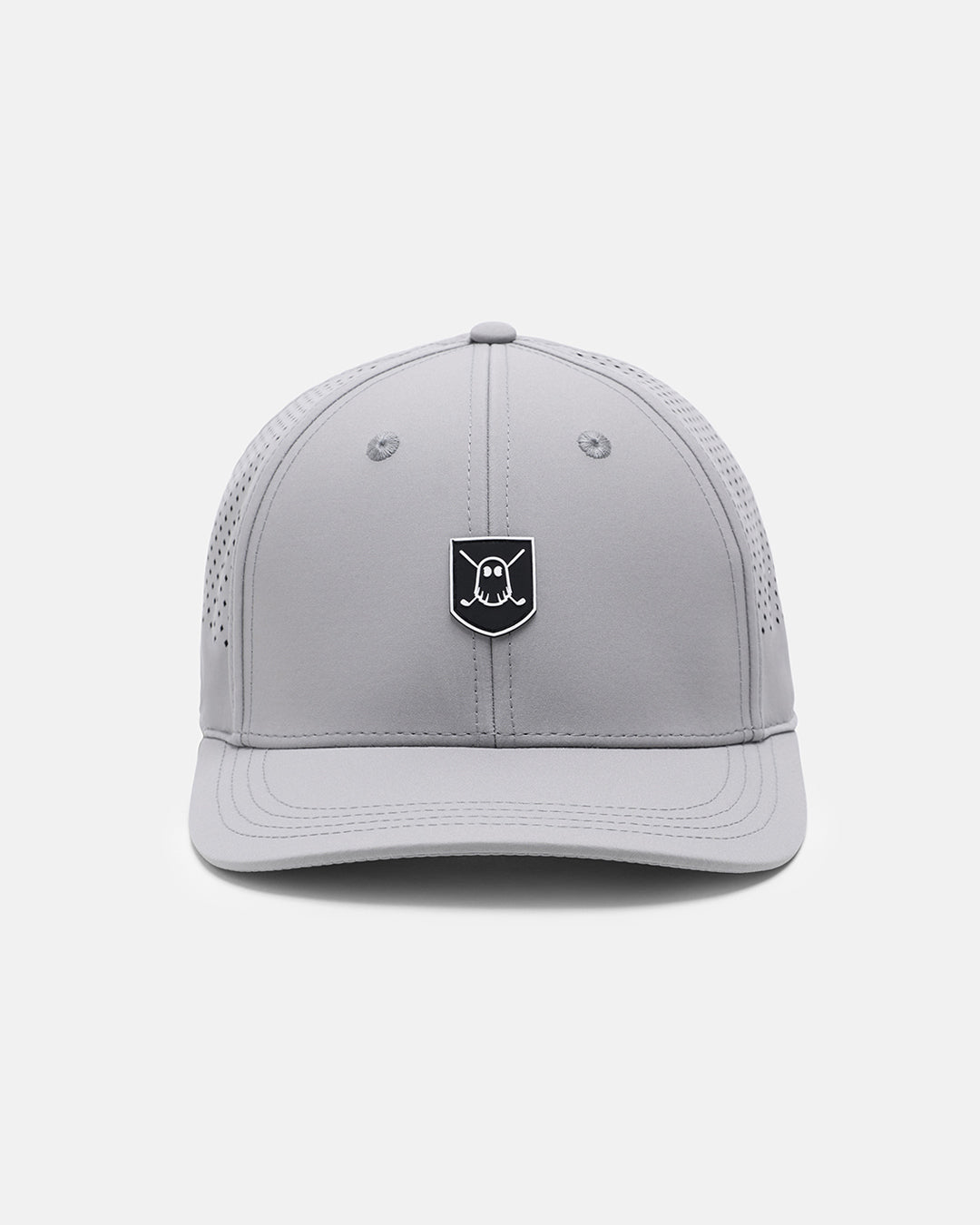 Front View Product Photo of Grey GG Icon Crest Snapback Hat with Ghost Golf Icon Crest #color_grey