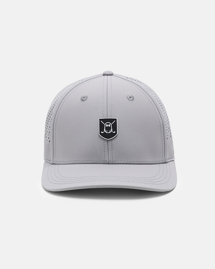 Front View Product Photo of Grey GG Icon Crest Snapback Hat with Ghost Golf Icon Crest #color_grey