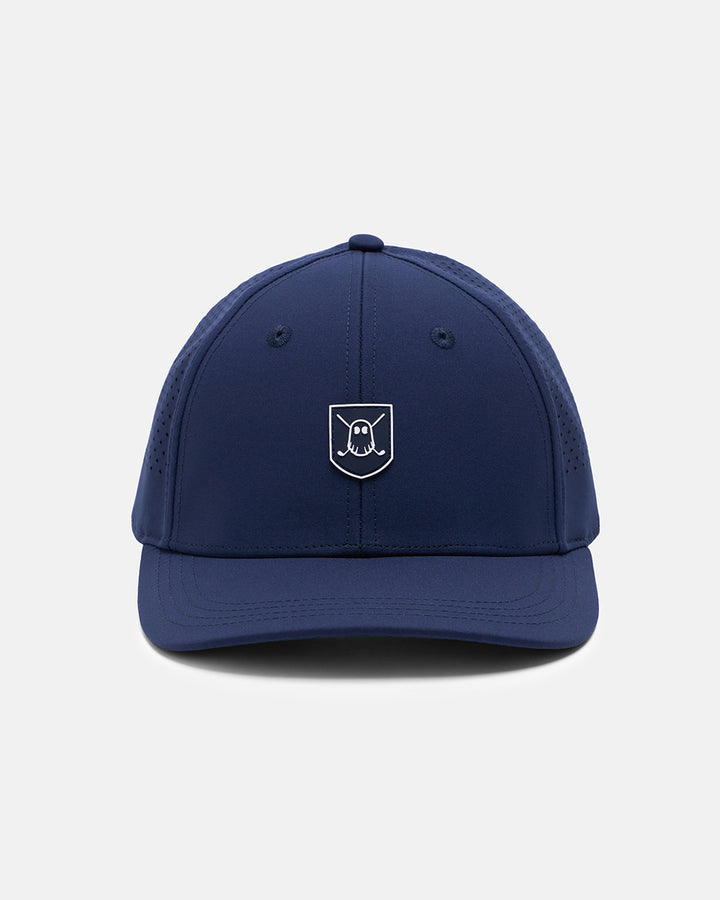 Front View Product Photo of Navy GG Icon Crest Snapback Hat with Ghost Golf Icon Crest #color_navy