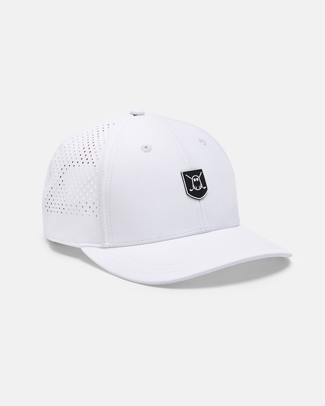 Three Quarter Left View Product Photo of Cream White GG Icon Crest Snapback Hat with Ghost Golf Icon Crest #color_white