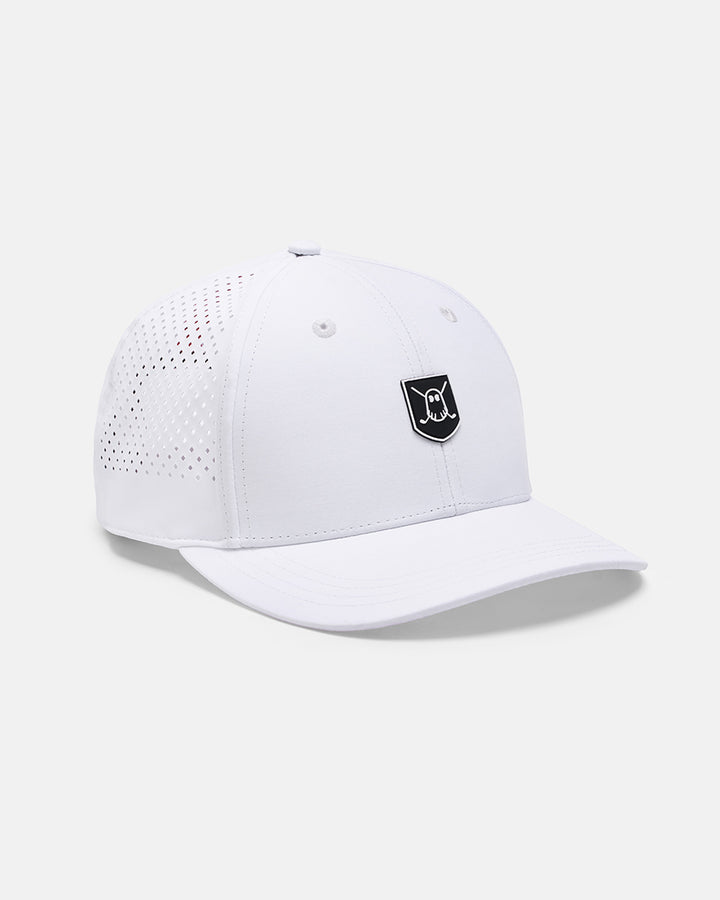 Three Quarter Left View Product Photo of Cream White GG Icon Crest Snapback Hat with Ghost Golf Icon Crest #color_white