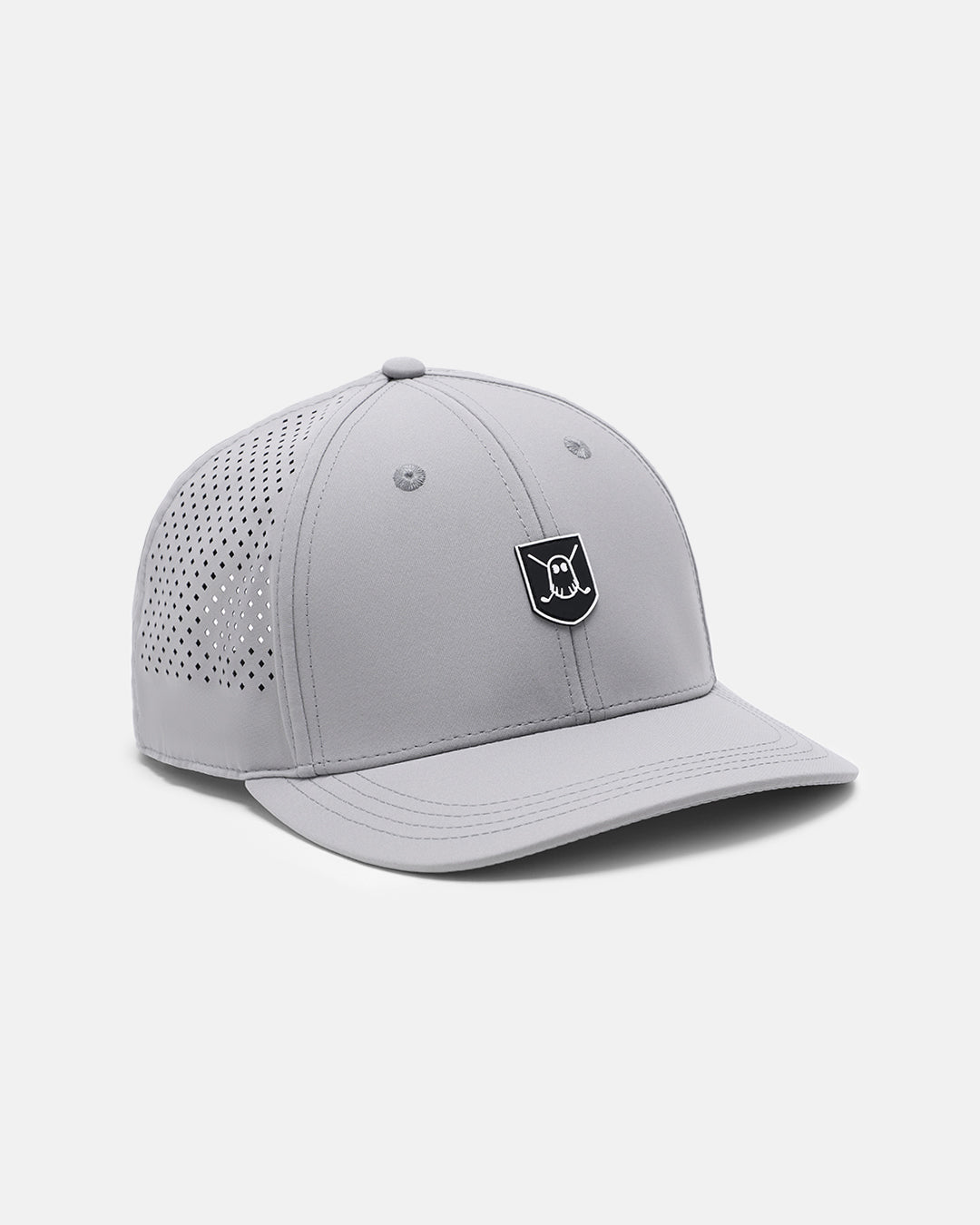 Three Quarter Left View Product Photo of Grey GG Icon Crest Snapback Hat with Ghost Golf Icon Crest #color_grey
