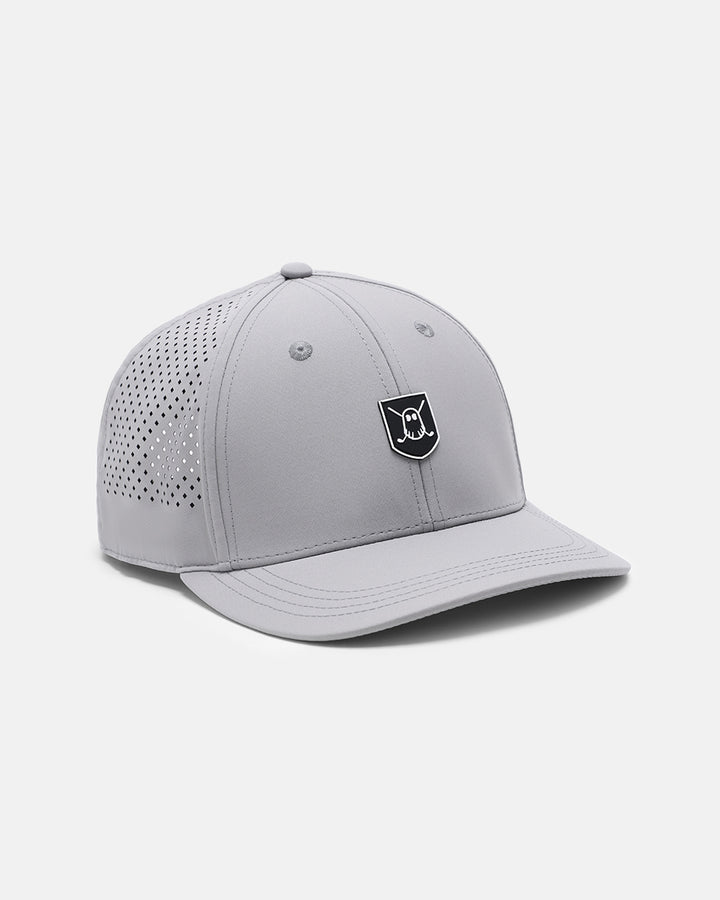 Three Quarter Left View Product Photo of Grey GG Icon Crest Snapback Hat with Ghost Golf Icon Crest #color_grey