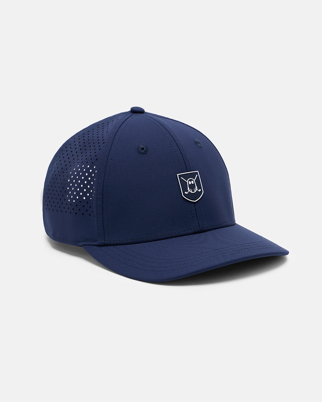 Three Quarter Left View Product Photo of Navy GG Icon Crest Snapback Hat with Ghost Golf Icon Crest #color_navy