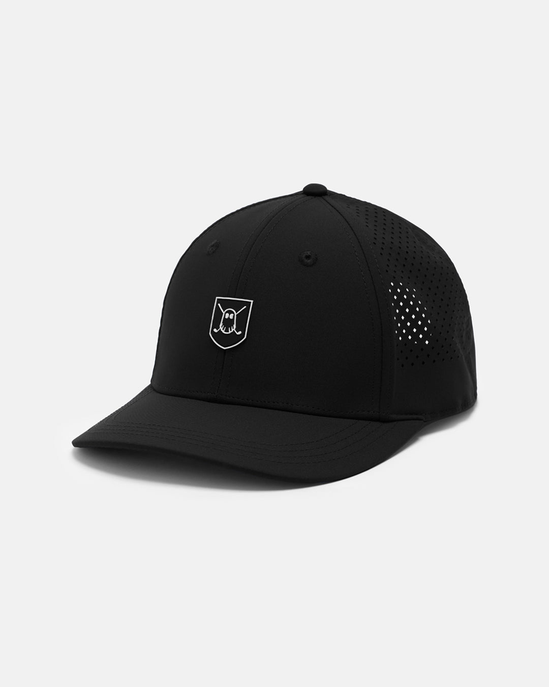 Three Quarter Right View Product Photo of Black GG Icon Crest Snapback Hat with Ghost Golf Icon Crest #color_black