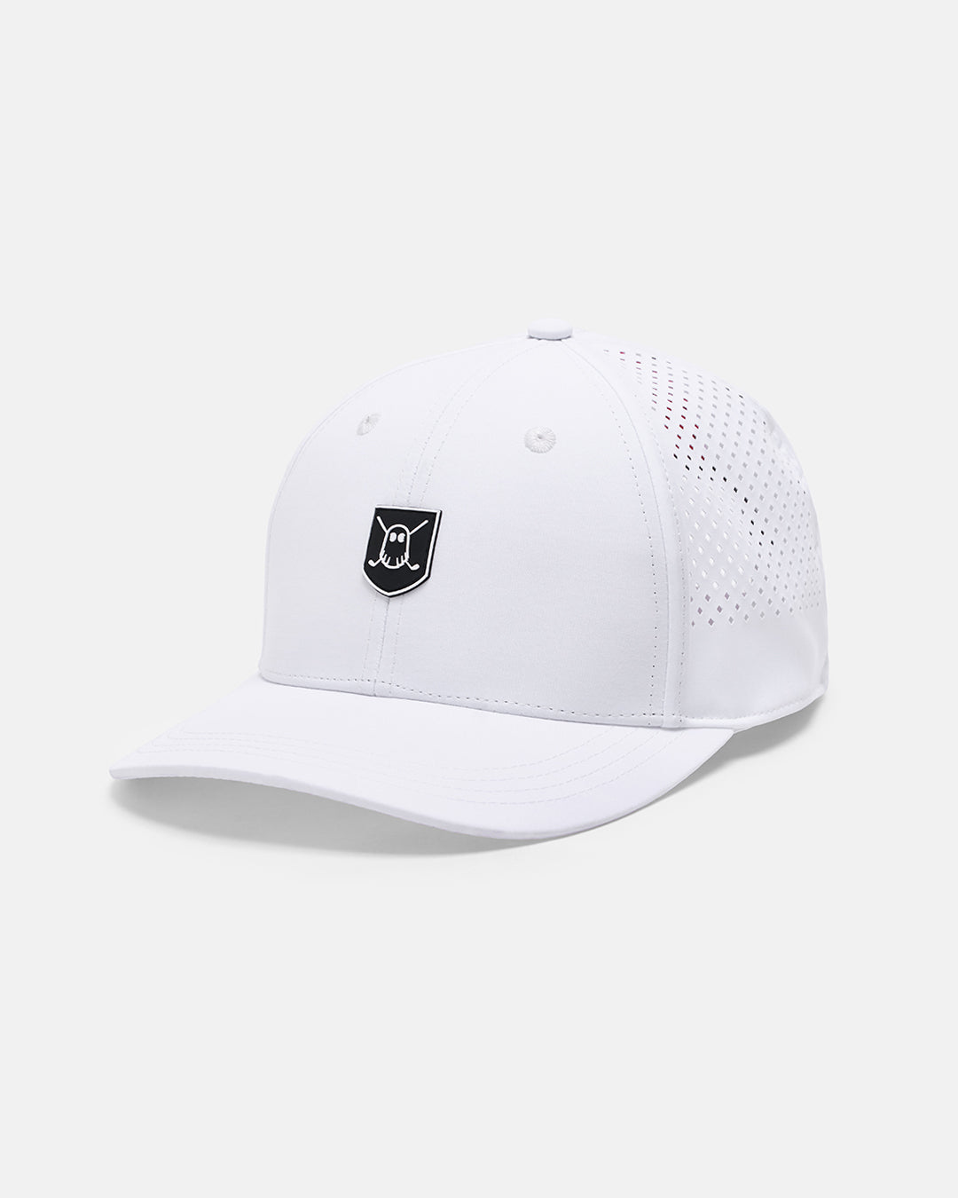 Three Quarter Right View Product Photo of Cream White GG Icon Crest Snapback Hat with Ghost Golf Icon Crest #color_white