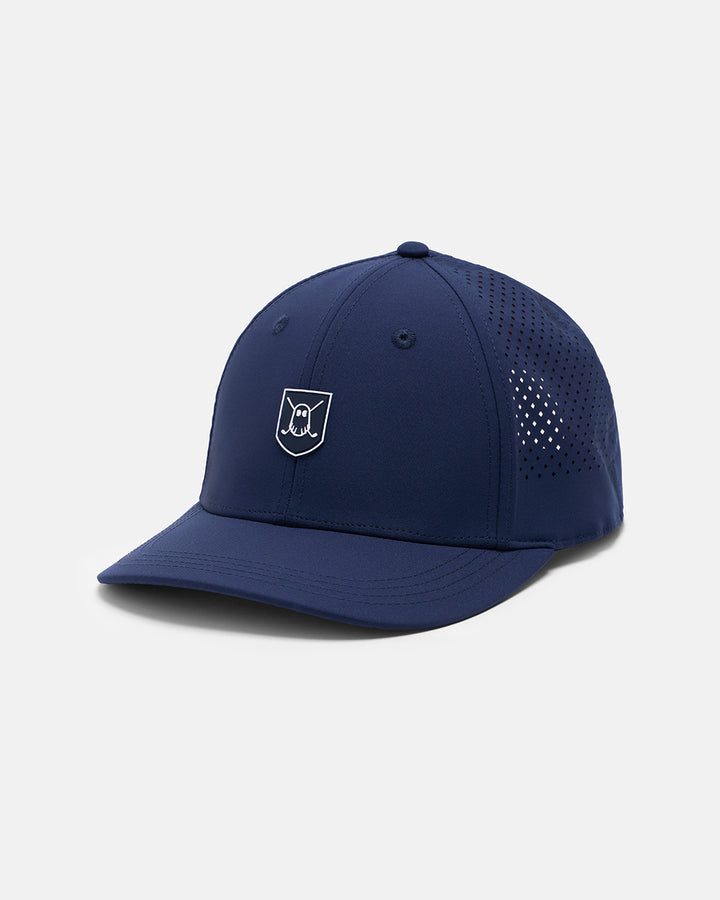 Three Quarter Right View Product Photo of Navy GG Icon Crest Snapback Hat with Ghost Golf Icon Crest #color_navy