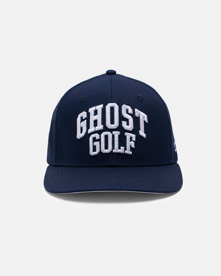 Front View Product Photo of Dark Navy GG Spectator Snapback Hat with Ghost Golf #color_navy