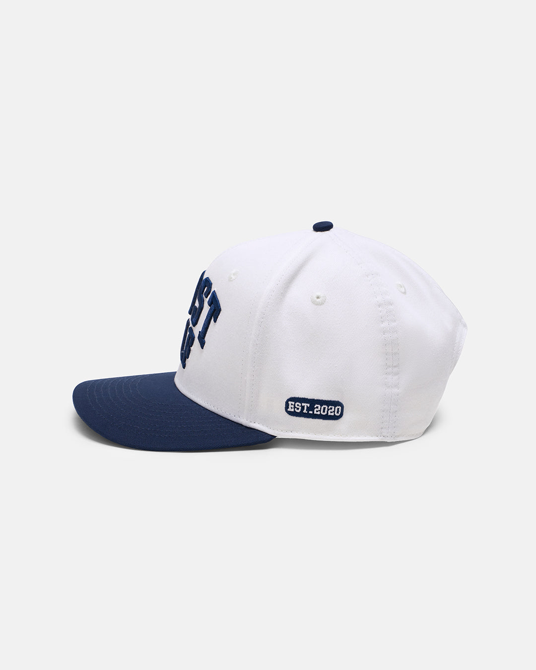Side View Product Photo of Cream White GG Spectator Snapback Hat with Embroidered Established 2020 on side #color_white