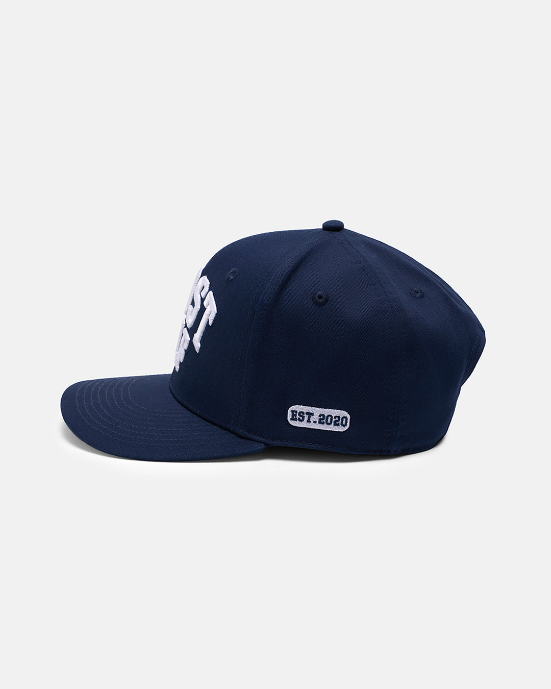 Side View Product Photo of Dark Navy GG Spectator Snapback Hat with Embroidered Established 2020 on side #color_navy