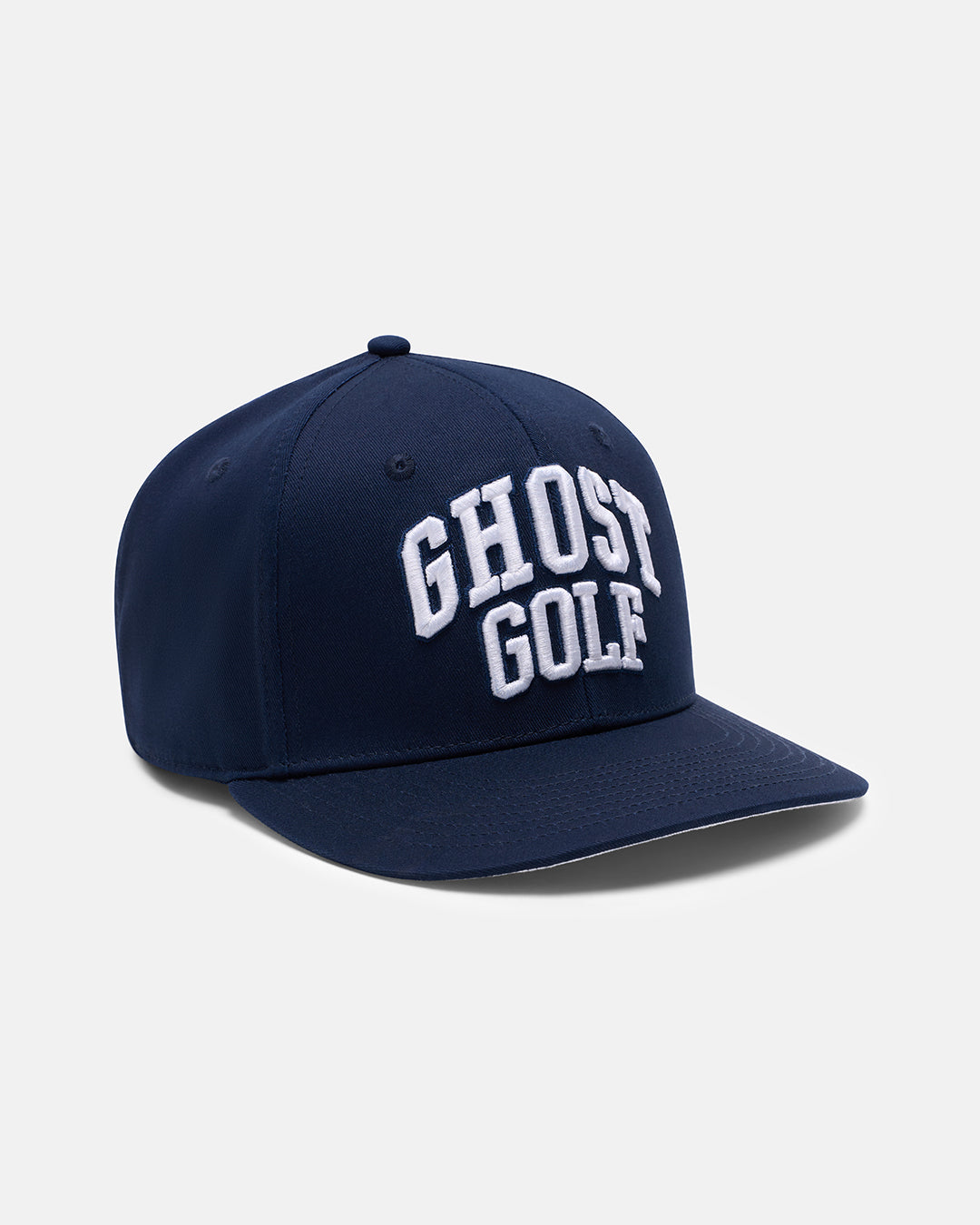 Three Quarter Left View Product Photo of Dark Navy GG Spectator Snapback Hat with Ghost Golf #color_navy
