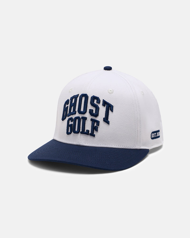Three Quarter Right View Product Photo of Cream White GG Spectator Snapback Hat with Ghost Golf #color_white
