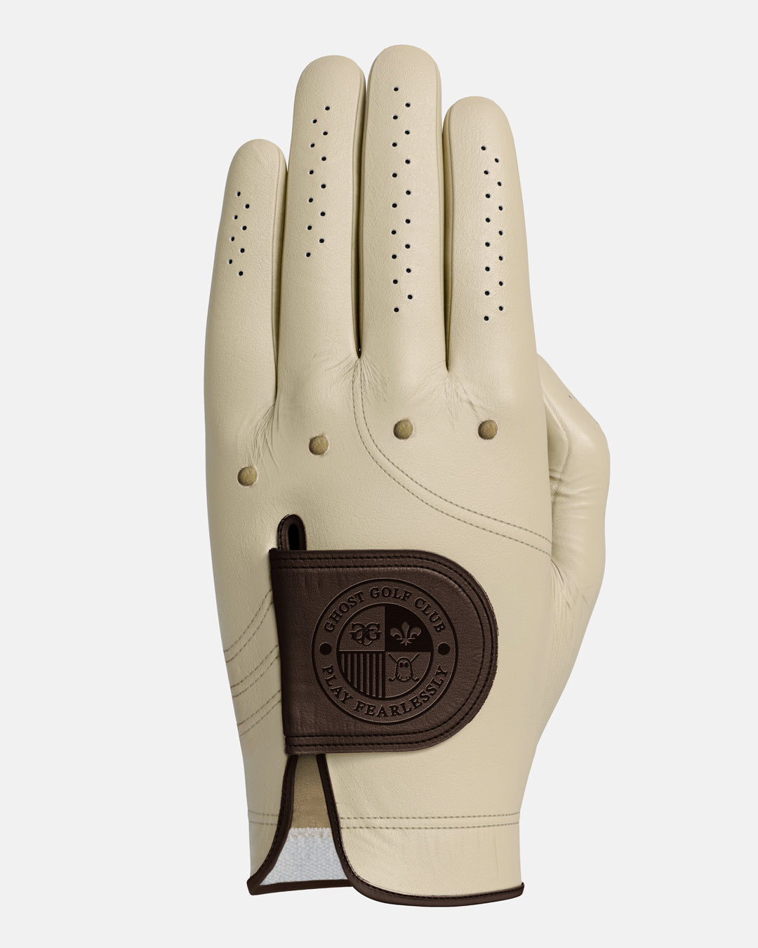 Front View of Bone Color Golf Glove with a Leather Tab - on the tab GHOST GOLF CLUB details with a monogram and PLAY FEARLESSLY debossed. 