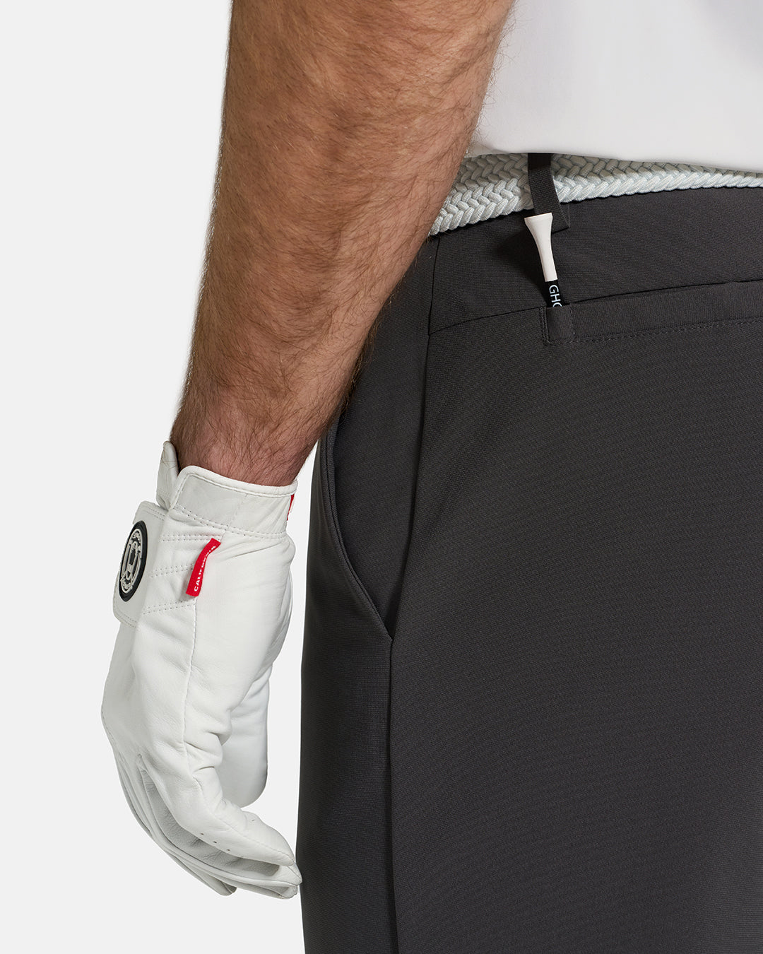 Back Closeup View of Iron Grey Ghost Golf Core Pant on White Male Model #color_iron-grey