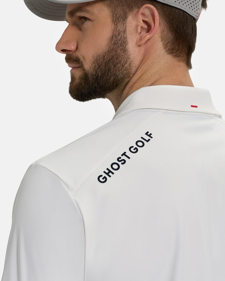 Back Closeup View of Optic White Ghost Golf Core Polo with Ghost Golf Logo on White Male Model #color_white
