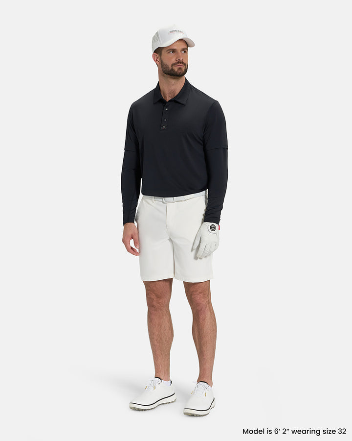Full Body Front View of White Ghost Golf Core Short on White Male Model wearing black polo white belt white hat white glove and white shoes #color_white
