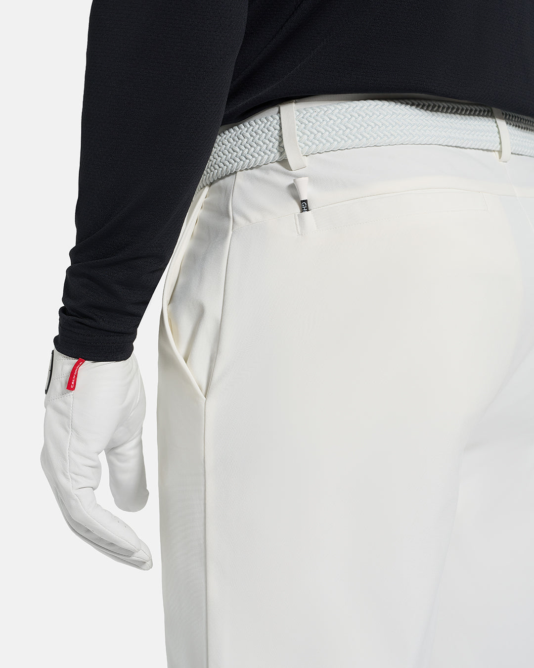 Closeup Back View of White Ghost Golf Core Short on White Male Model #color_white