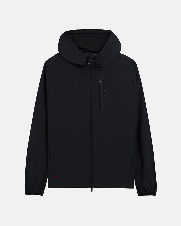 Front Product View of Black Ghost Golf Hooded Zip Shell Jacket #color_black