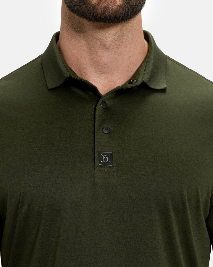 Closeup Front View of Forest Green Ghost Golf Marled Core Polo on White Male Model #color_forest -green
