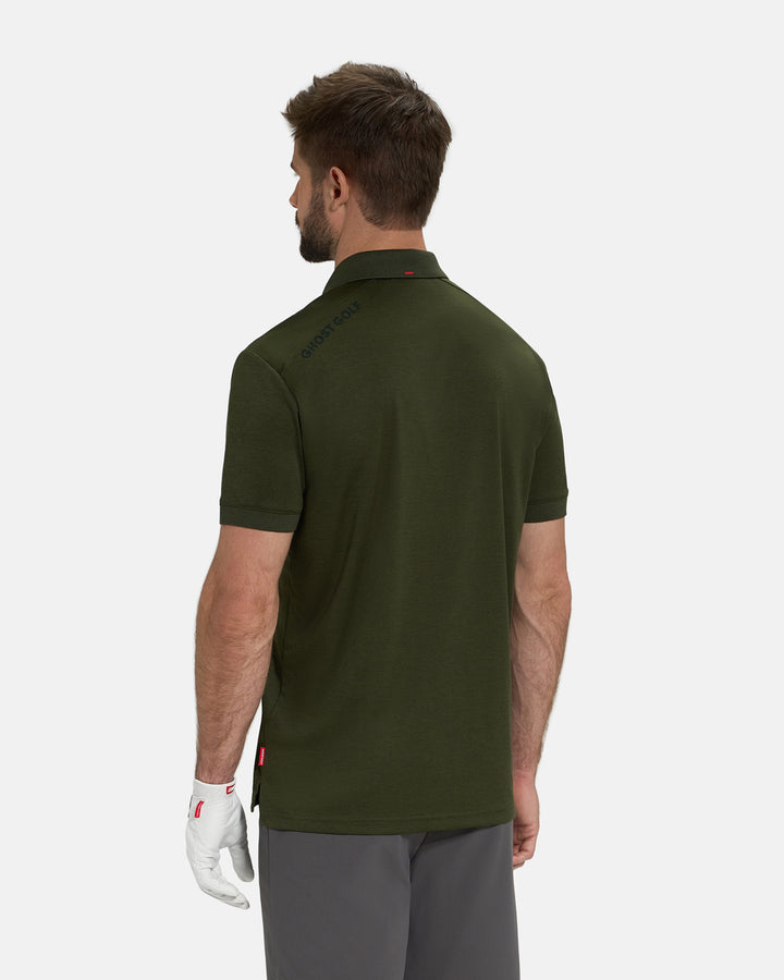 Back View of Forest Green Ghost Golf Marled Core Polo Untucked on White Male Model with Ghost Golf logo on back #color_forest-green