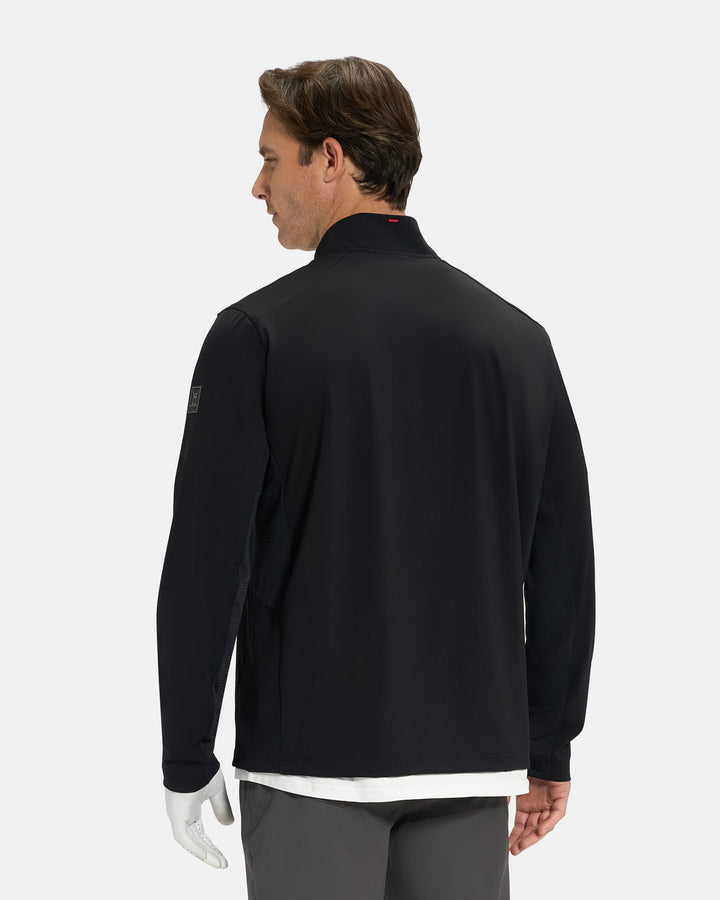 Back View of Black Ghost Golf Quarter Zip Mock Jacket on White Male Model #color_black