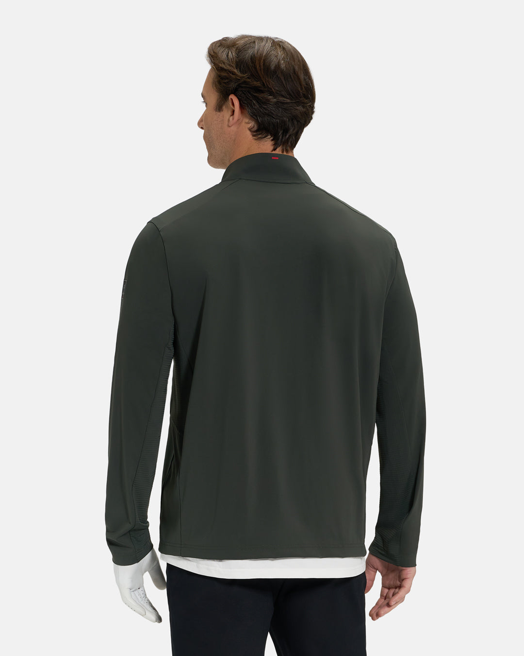Back View of Forest Green Ghost Golf Quarter Zip Mock Jacket on White Male Model #color_forest-green
