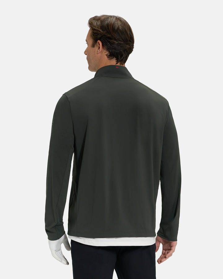 Back View of Forest Green Ghost Golf Quarter Zip Mock Jacket on White Male Model #color_forest-green