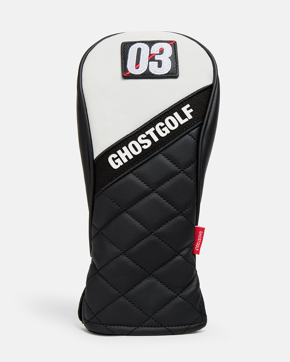 Front Product Shot of White Black Gridline 3-Wood Head Cover showcasing number 03 on top and ghost golf in the middle #size_3-wood