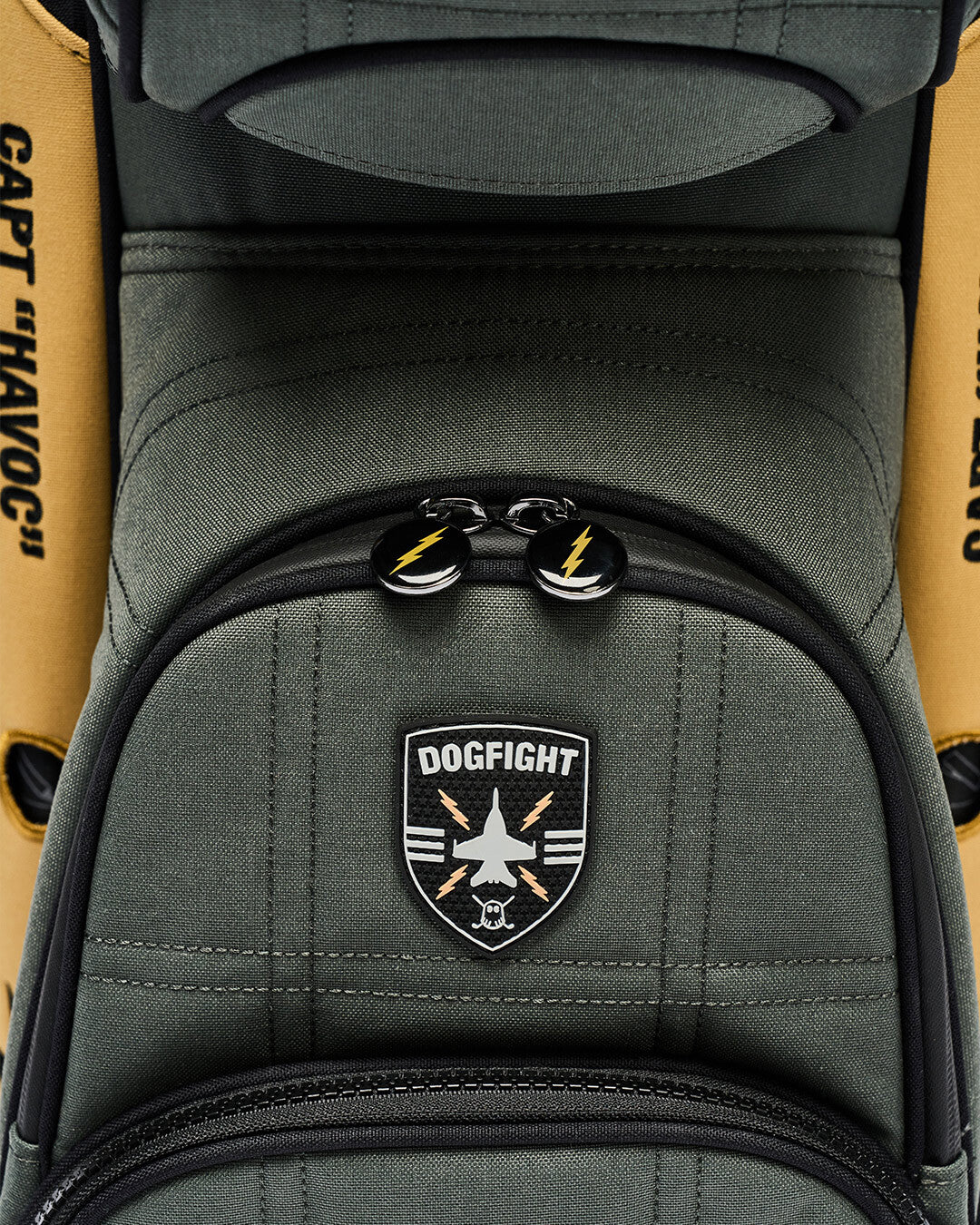 Closeup Detail Shot of G-Suit Gt-14 cart bag showcasing dogfight emblem