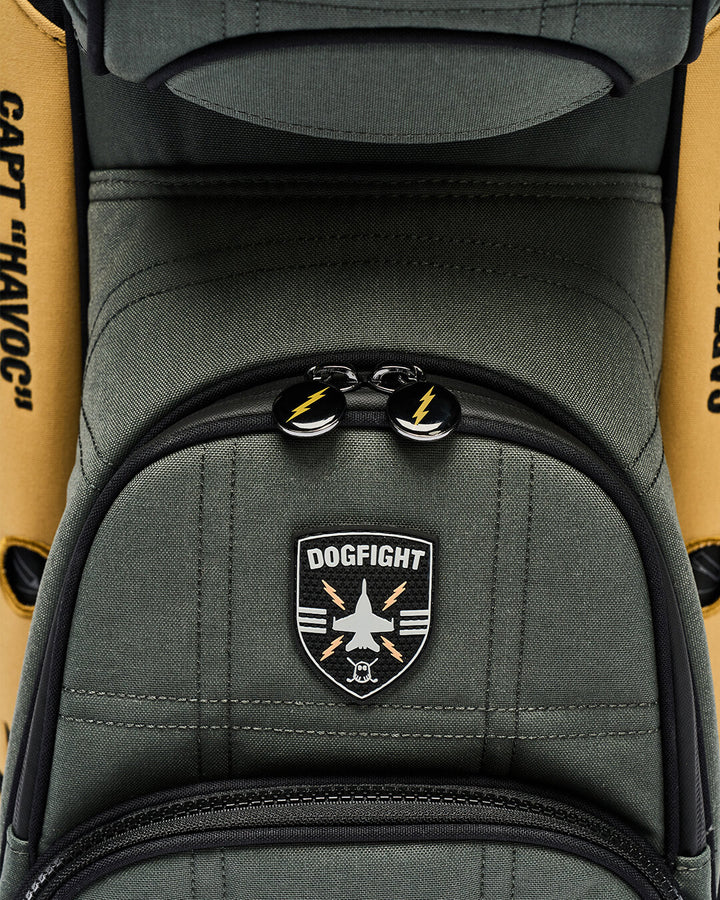 Closeup Detail Shot of G-Suit Gt-14 cart bag showcasing dogfight emblem