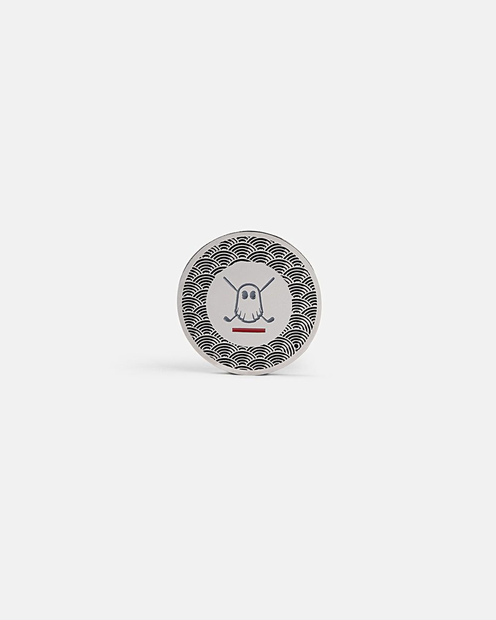Product photo of a circular silver ball marker featuring the Ghost Golf icon in the center with Japanese-inspired half-circle wave patterns.