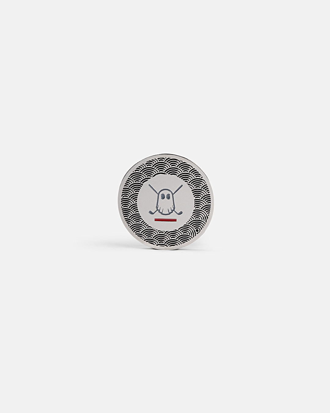 Product photo of a circular silver ball marker featuring the Ghost Golf icon in the center with Japanese-inspired half-circle wave patterns.