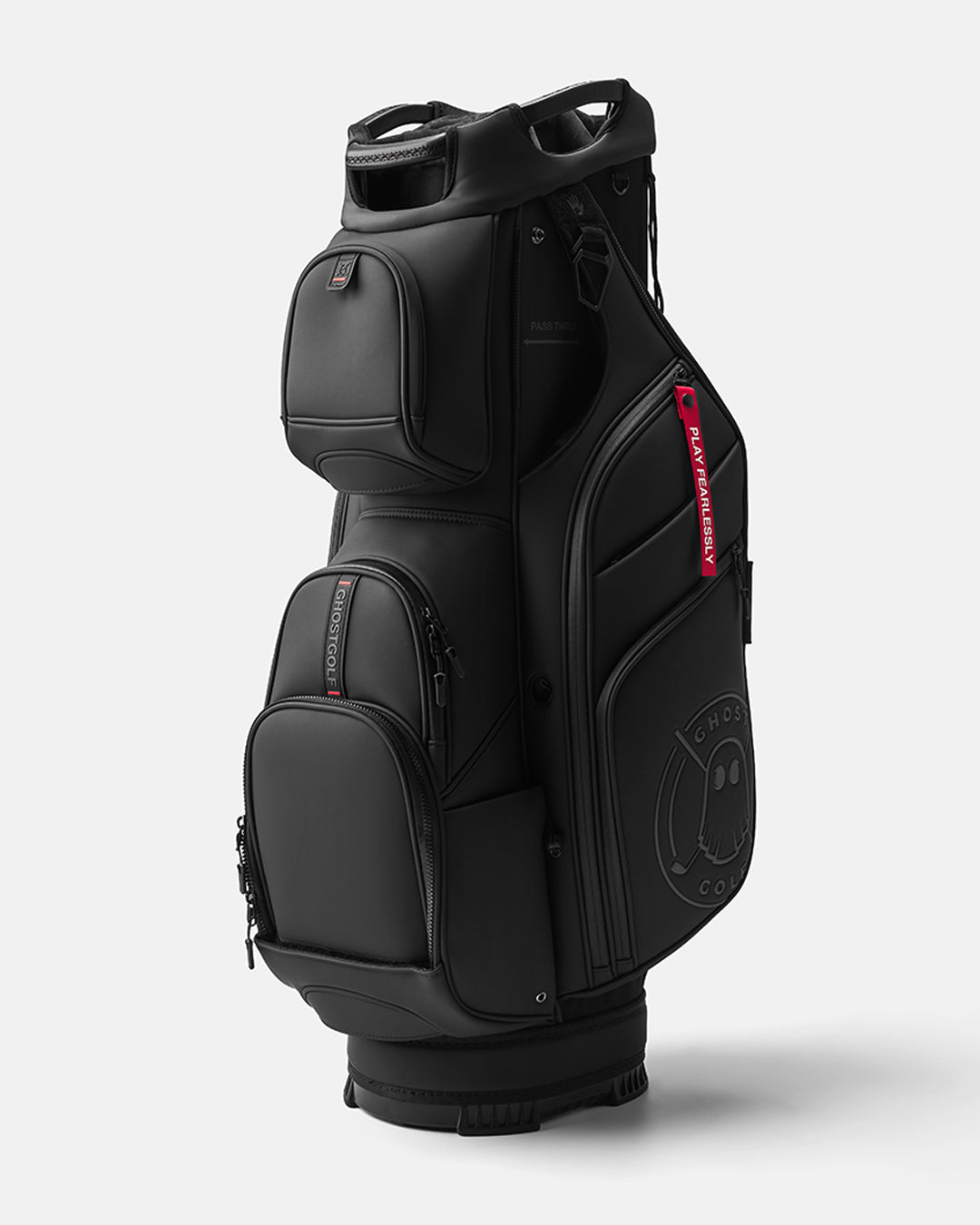 GHOSTGOLF GT-14 Katana golf bag in black, shown at a three-quarter angle with zippered pockets, an embossed Ghost Golf logo, and a red “Play Fearlessly” tag.