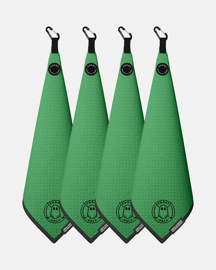 4 Ghost Golf Greenside towels with Magnet Patch and Carabiner. Color Kelly Green