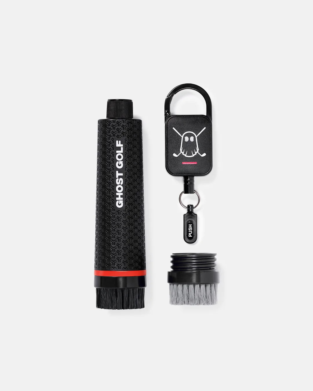 Product image of a Black Magnetic Golf Club and Shoe Brush featuring the main brush, removable brush head, and retractable carabiner. #color_black