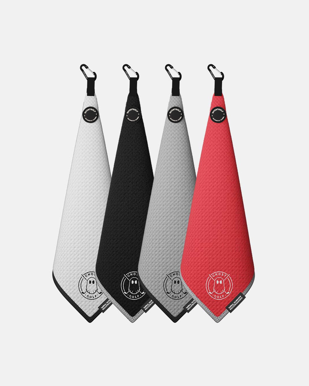Product shot of 4 Pack Muncipal Club Ghost Golf Magnetic Greenside Towel with emblem logo near the bottom and carabiner clip at the top in white red grey and black