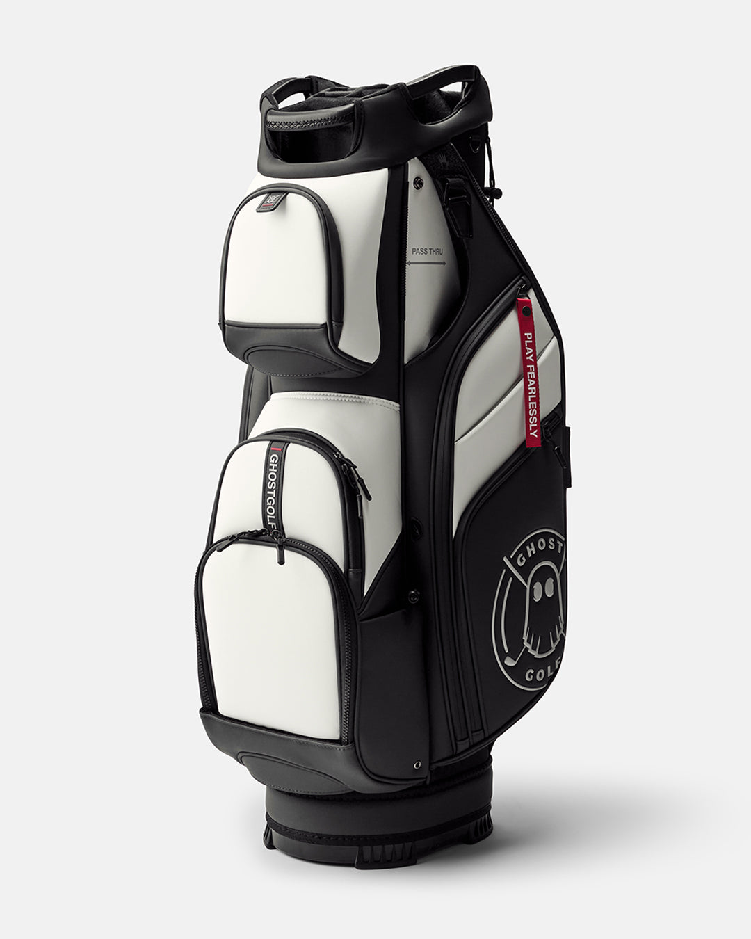 GHOSTGOLF GT-14 OREO golf bag in black and white, shown at a three-quarter angle with zippered pockets, an embossed Ghost Golf logo, and a red “Play Fearlessly” tag.