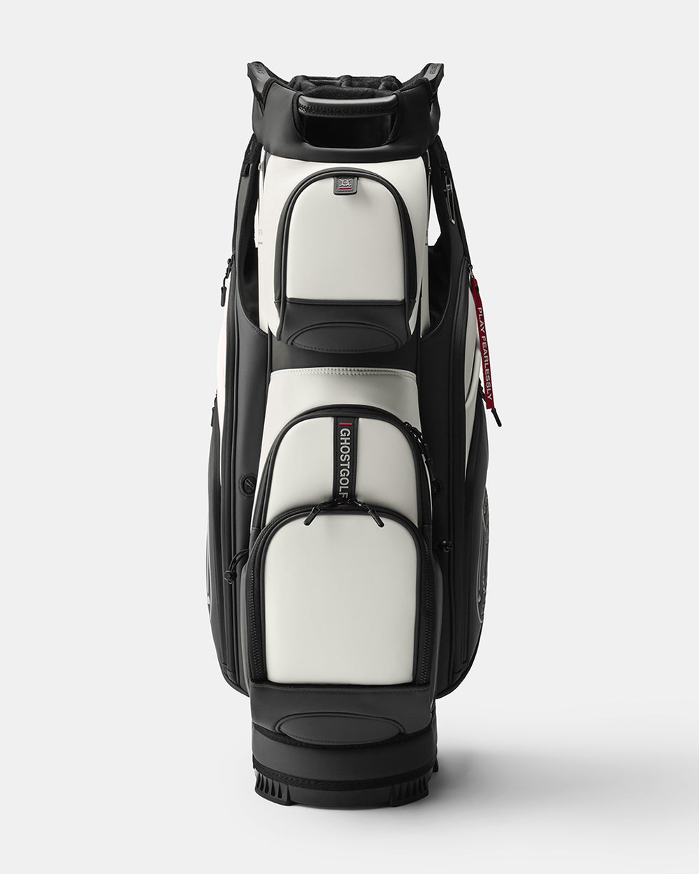 GHOSTGOLF GT-14 OREO golf bag in black and white, shown at a front angle with zippered pockets, an embossed Ghost Golf logo, and a red “Play Fearlessly” tag.