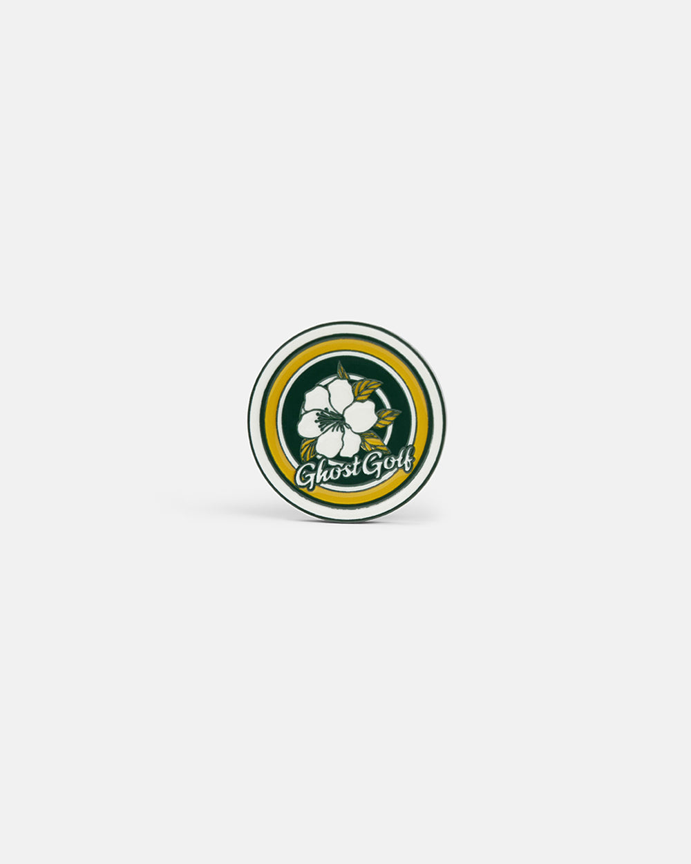 Product photo of a circular ball marker featuring a Patrons Only theme with the Ghost Golf name on the front and an azalea graphic.