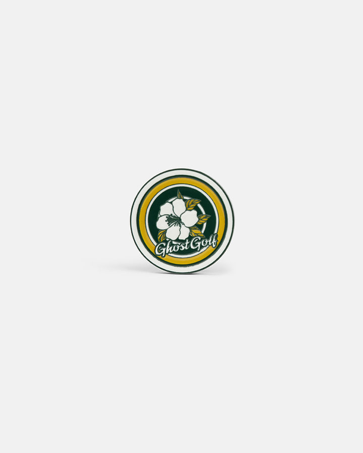 Product photo of a circular ball marker featuring a Patrons Only theme with the Ghost Golf name on the front and an azalea graphic.