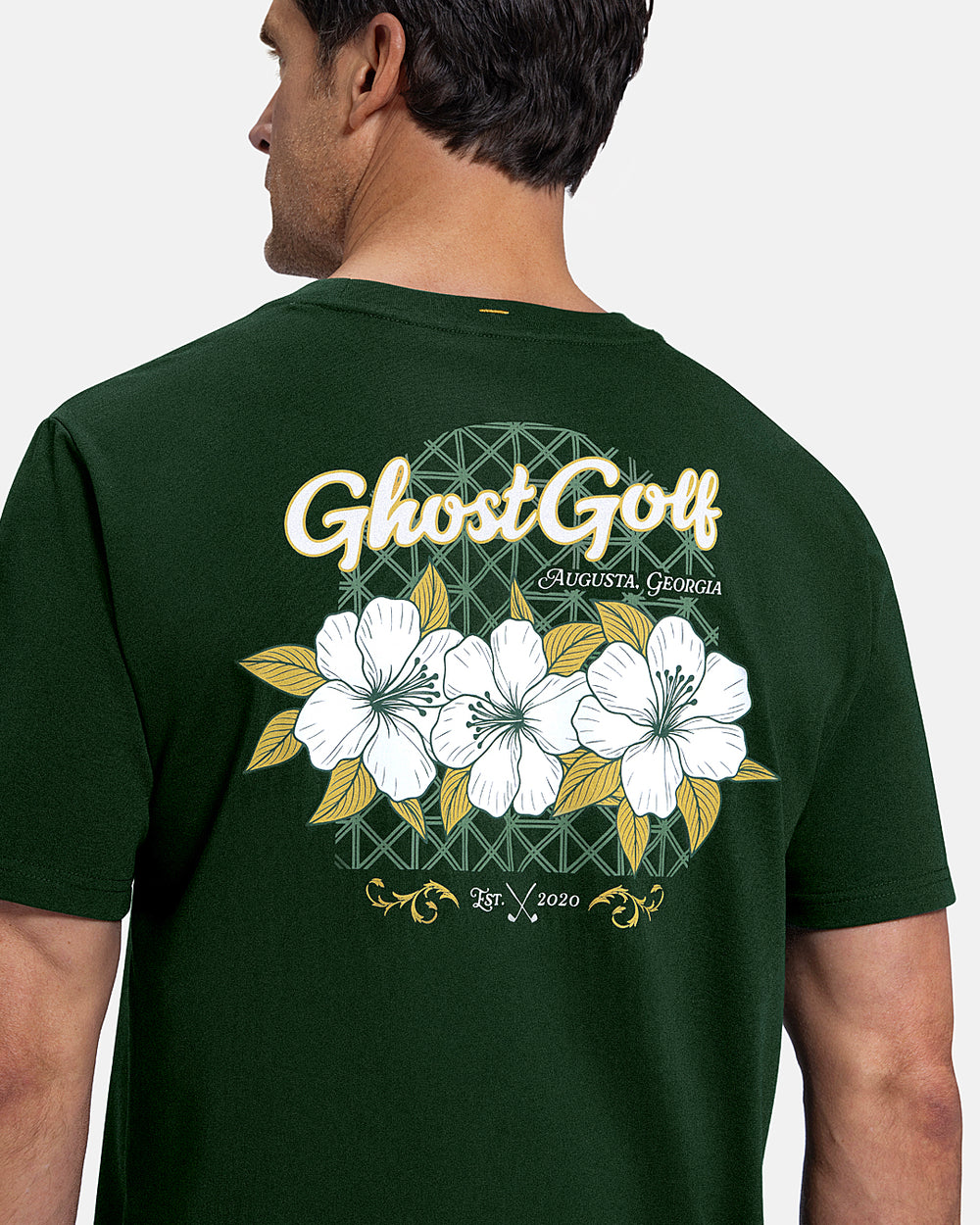 Closeup Back View of Bogey Green Patrons Azalea Tee on white male model showing ghost golf graphic hit #color_bogey-green